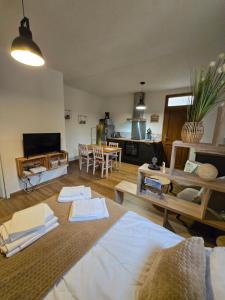 a living room with a couch and a kitchen with a table at L'Appart Montignac Lascaux in Montignac