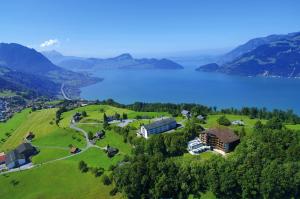 an aerial view of a house on a hill next to a lake at Seeblick Höhenhotel in Emmetten