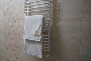 a towel rack with a cat sitting on a towel at Ostoja Bachus in Sawin