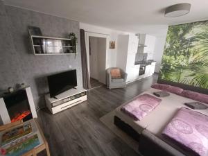 a living room with a bed and a flat screen tv at Ferienwohnung Rotheneder- Rupp in Niederndorf