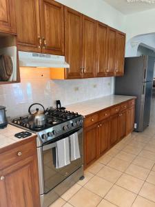 a kitchen with wooden cabinets and a stove top oven at 428 Boutique Guesthouse in Boscobel +11 photos