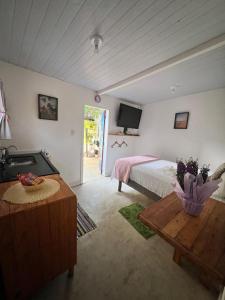 a bedroom with a bed and a table and a tv at Suíte Colorida em Cabo Frio in Cabo Frio