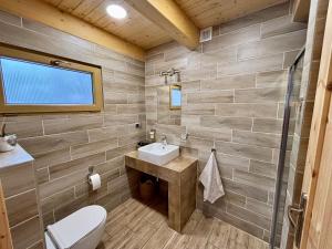 a bathroom with a sink and a toilet at Domki na granicy in Jeżowski Dział +15 photos