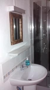 a bathroom with a white sink and a shower at Gîte Mont Joly in Saint-Gervais-les-Bains