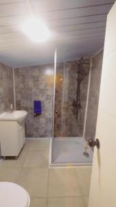 un baño con ducha y lavabo en Departamento Refugio Compinches, Castro Chiloé, en Tentén