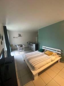 une chambre avec un grand lit dans une pièce dans l'établissement La Cachette Ludique, à Orléans