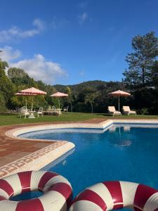 a swimming pool with two lawn chairs and umbrellas at Cortijo Genesis in Gaucín