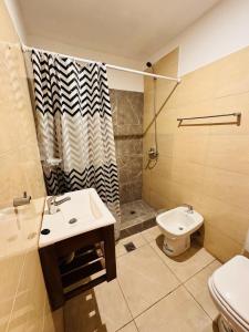 a bathroom with a sink and a shower and a toilet at propiedades cerca de Güemes y playa grande in Mar del Plata +17 photos