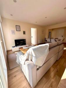a living room with a white couch and a fireplace at Zen Mayar House Toulouse centre in Toulouse