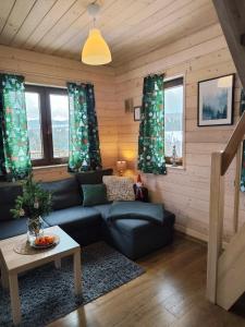 a living room with a couch and a table at Leśna Przystań - Domki całoroczne in Grywałd