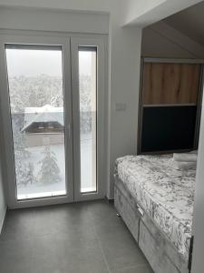 a bedroom with a bed and a large window at Vila Leona E3 in Divčibare +3 photos
