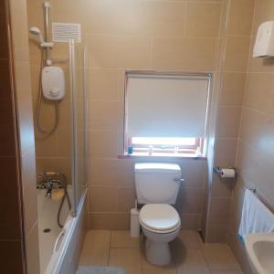 BellanasallyCheerful 3 bedroom cottage with open fire的一间带卫生间、窗户和水槽的浴室