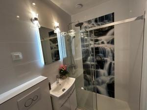 a white bathroom with a shower and a sink at Old Cracow Apartment I in Krakow +7 photos
