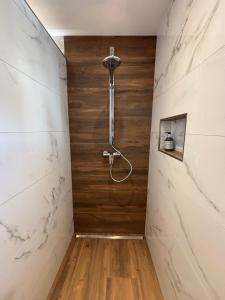 e bagno con doccia e parete in legno. di Biobergbauernhof Bergzeit Apartment in Goldegg a Goldegg