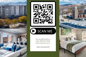 a collage of four pictures of a bedroom and a qr code poster at Gorgeous 2BD 2BA Pool,Gym,Htub near Convention Ctr in Salt Lake City