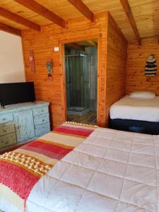 克利翁Cabaña en Quellón的小屋内设有一间带床铺和电视的卧室 更多2张照片