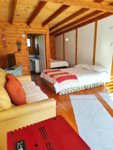 克利翁Cabaña en Quellón的有两张床和一张沙发的客厅