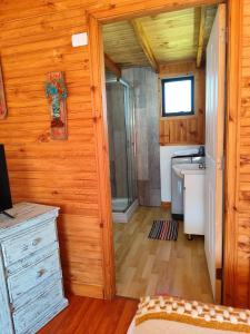 克利翁Cabaña en Quellón的厨房设有木墙和木地板