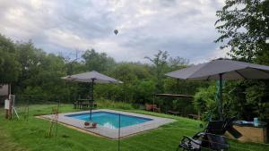 a swimming pool with two umbrellas and a hot air balloon at Merry Mongoose Riverside Tent in Skeerpoort