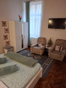 a bedroom with a bed and two chairs and a tv at Darris Apartament Ultracentral in Oradea