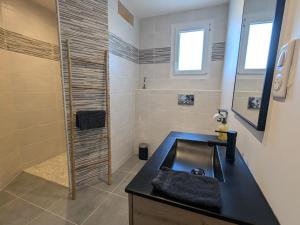 ein Bad mit einem schwarzen Waschbecken und einer Dusche in der Unterkunft Grande maison 10 pers. avec bain nordique et jeux près des Vosges - FR-1-589-773 in Frémifontaine + 21 Fotos