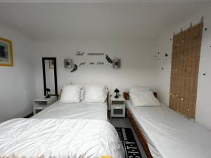 Dos camas una al lado de la otra en un dormitorio. en T2 avec jardin, terrasse et Wifi à 1km des Thermes - FR-1-541-156, en La Roche-Posay