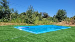 a blue swimming pool in the middle of a grass field at Cabañas Lomas de Putagan in Linares