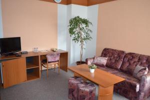 uma sala de estar com um sofá, uma mesa e uma secretária em Hotel Amos em Fulnek