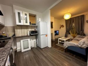 a small kitchen and living room with a white refrigerator at Grove Rooms 2 in London