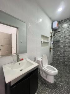 a bathroom with a sink and a toilet and a mirror at Shiri Hotel Pool Villa 3 쉬리호텔 풀빌라 3 in Lalaan Primero