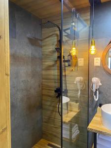 a bathroom with a shower and a sink at Lehit slavsko in Slavske +30 photos