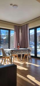 巴库里阿尼bakuriani oasis WINDOW DEVELOPMENT的带桌椅和窗户的客厅