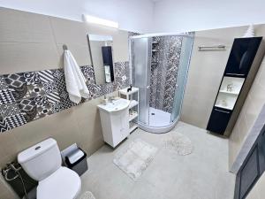 ein Badezimmer mit Toilette, Dusche und Waschbecken in der Unterkunft Triple room with Balcony Transalpina Ski Resort - TRI2 in Obarsia-Lotrului
