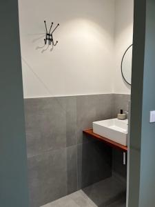 een badkamer met een wastafel en een spin op de muur bij Les midis au vert - La Bâtisse - 4 personnes in Stavelot