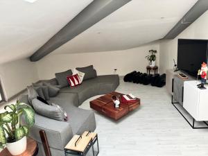 a living room with a gray couch and a tv at Attico the Queen2 in Caravaggio