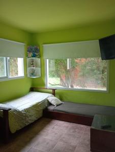Grünes Zimmer mit einem Bett und einem Fenster in der Unterkunft Quetrihue Mar de las Pampas in Mar de las Pampas + 13 Fotos