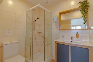 a bathroom with a shower and a toilet and a sink at Gîte Bellevue - cosy huisje op vakantiepark in Jayac +25 photos