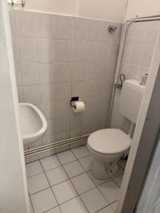 a small bathroom with a toilet and a sink at Downtown Chalet in Braunschweig in Braunschweig
