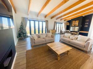a living room with two couches and a christmas tree at 155 Hangklip self catering in Pringle Bay