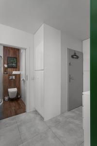 a white bathroom with a shower and a toilet at Soft Loft Legnicka in Wrocław +29 photos