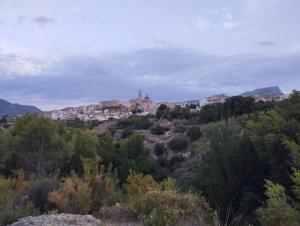 a town on top of a hill with trees at Casa Rebel in Chelva