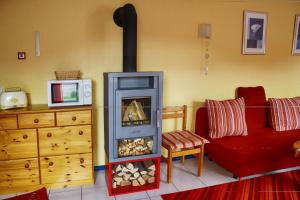 a living room with a fireplace and a red couch at Ferienwohnung-am-Kühl in Poppenhausen