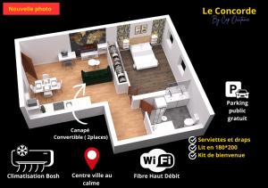 a diagram of a room with a living room at LE CONCORDE-WIFI-Clim-Parking-3étoiles-OcKeys in Bram