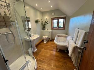 a bathroom with a shower and a toilet and a sink at The Globe House in Broseley