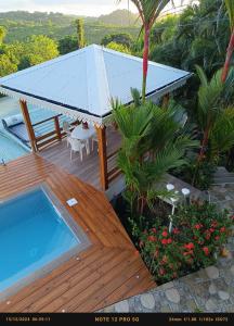 eine Draufsicht auf ein Deck mit einem Swimmingpool in der Unterkunft T-Syssy Loft, Marin direction Sainte Anne et routes des plages du SUD in Le Marin