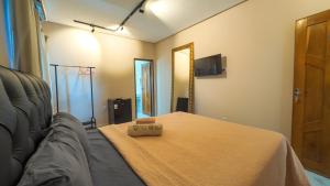 a room with a bed with a mirror and a television at Pousada Casa Flor-Aurora -TO in Manhã