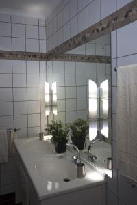 a bathroom with a sink and a mirror at Rooisand Desert Ranch in Chausib