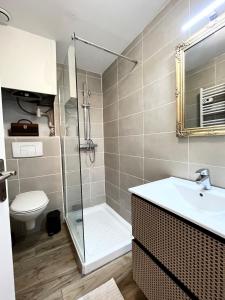 a bathroom with a shower and a sink and a toilet at Le Refuge mysterieux d'Harry proche Gare Toulouse in Toulouse