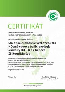 Certifikát, hodnocení, plakát nebo jiný dokument vystavený v ubytování Ekocentrum DOTEK