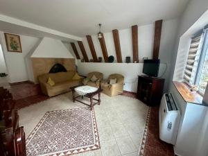 a living room with a couch and a tv at Casă de vacanță Cheia in Cheia